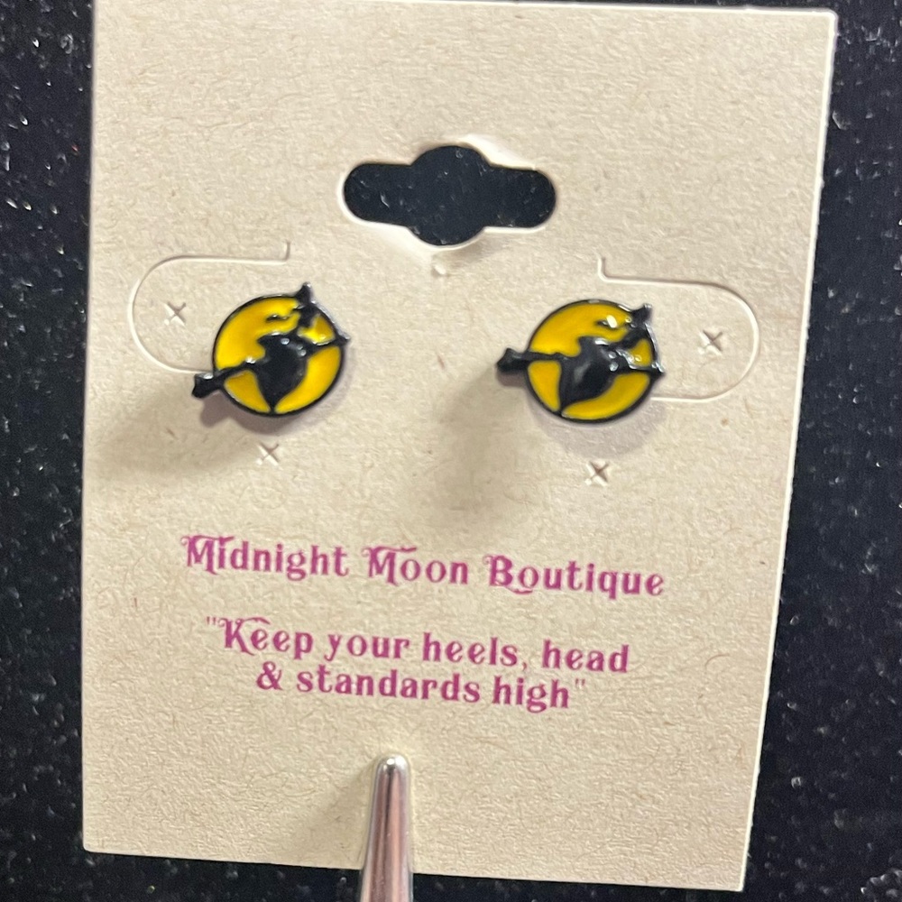 Small witch in yellow moon earrings NWT